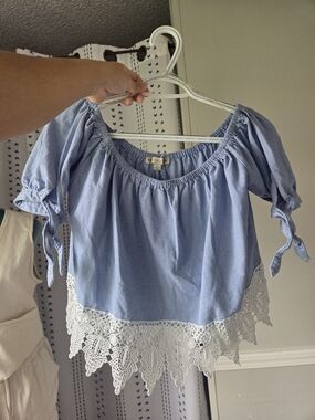 iris Light Blue Off-Shoulder Crop Top with White Crochet Trim